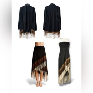 T Party Dress Skirt Large & Jacket Medium with Black Brown and Tan Fringe Maxi